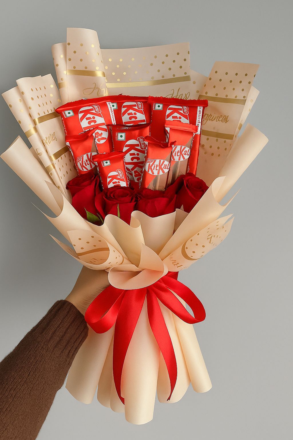 Bouquet made of KitKat chocolate bars and wafer cookies on a gray background