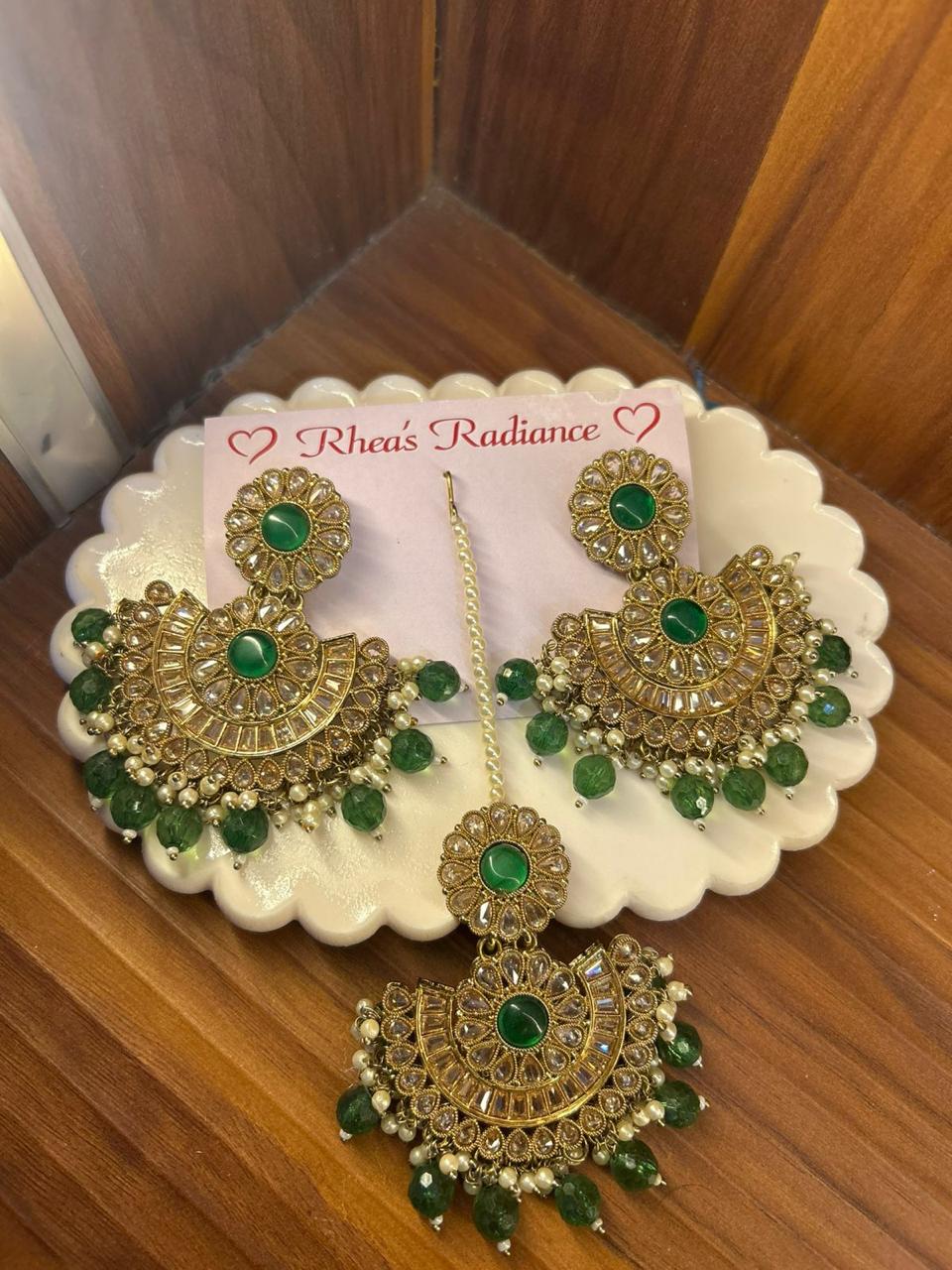 Royal Green Kundan Jhumkas and tikka