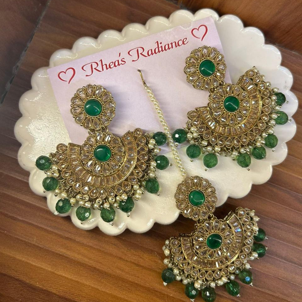 Royal Green Kundan Jhumkas and tikka