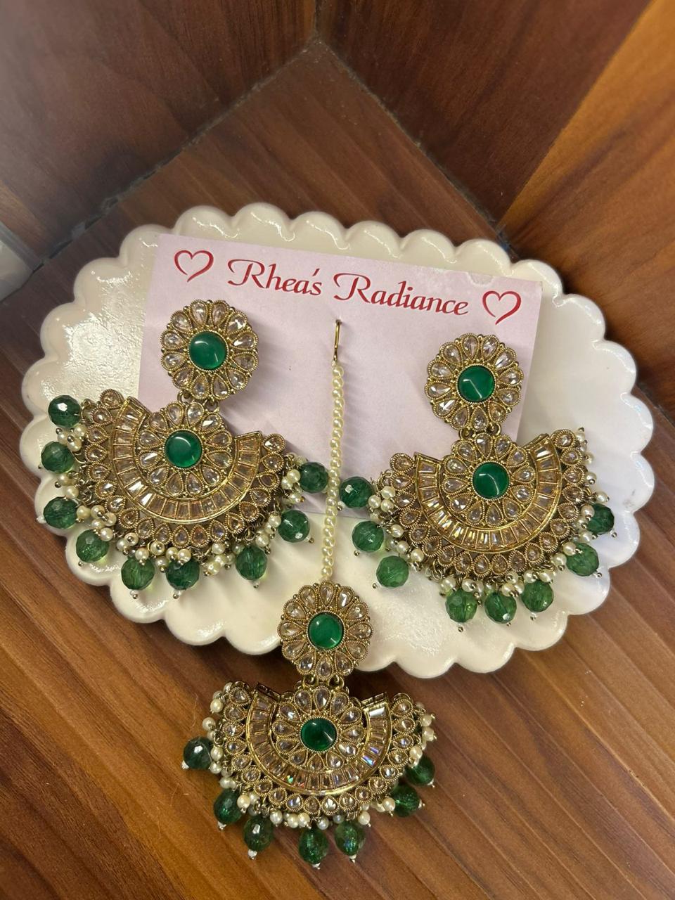 Royal Green Kundan Jhumkas and tikka