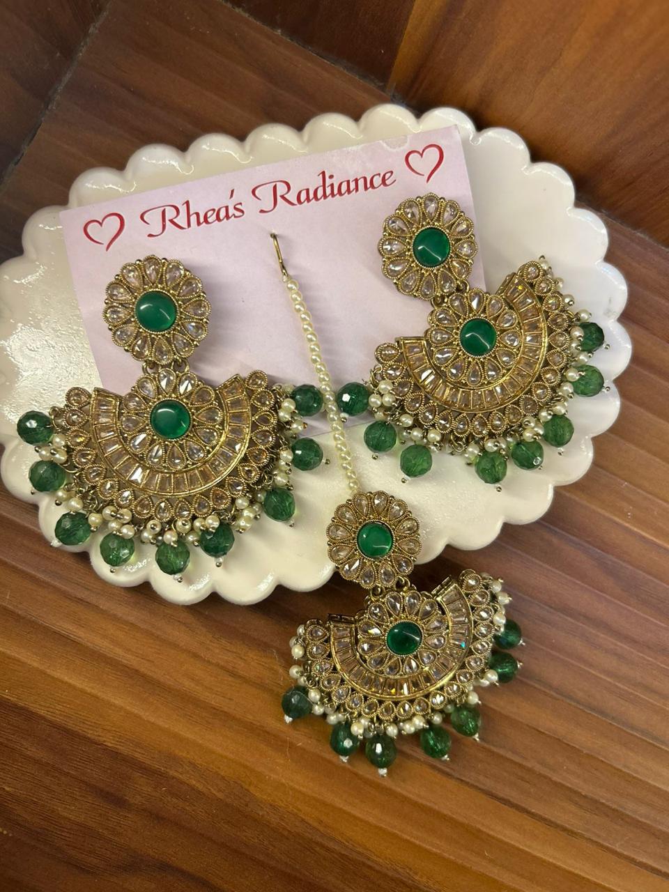 Royal Green Kundan Jhumkas and tikka